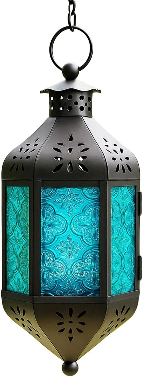 11.5" Hanging Moroccan Decorative Candle Lantern Lamp – Indoor/Outdoor Tea Light Candle Holder for Patio, Porch, Ramadan or Home Decor, Aqua Blue