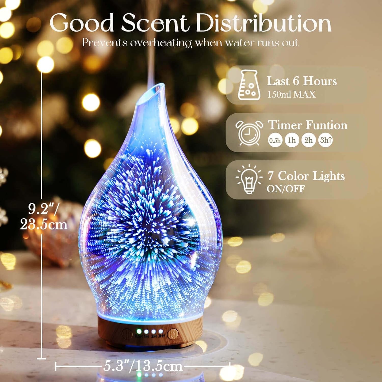 Oil Diffuser 3D Glass Aromatherapy Ultrasonic Humidifier, Air Refresh Auto Shut-Off, Timer Setting, BPA Free for Home Hotel Yoga Leisure SPA Gift 150Ml Last 6H