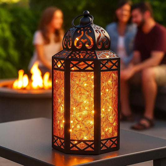 12" Black Metal Moroccan Decorative LED Fairy Lights Candle Lantern Holders for Hanging or Table, Indoor Home Decor, Halloween, Outdoor Patio or Porch, Weddings, Amber Glass, Large
