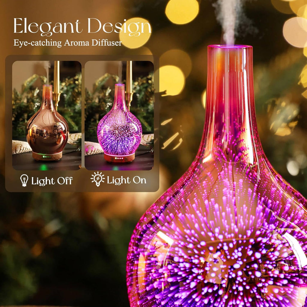 Rose Gold Essential Oil Diffuser 3D Glass Aromatherapy Ultrasonic Humidifier, Waterless Auto-Off, Timer Setting, BPA Free, Air Refresh for Home Hotel Yoga Leisure SPA Gift 150Ml