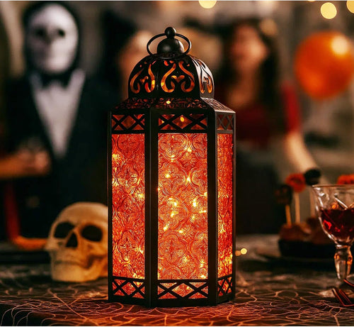 12" Black Metal Moroccan Decorative LED Fairy Lights Candle Lantern Holders for Hanging or Table, Indoor Home Decor, Halloween, Outdoor Patio or Porch, Weddings, Amber Glass, Large